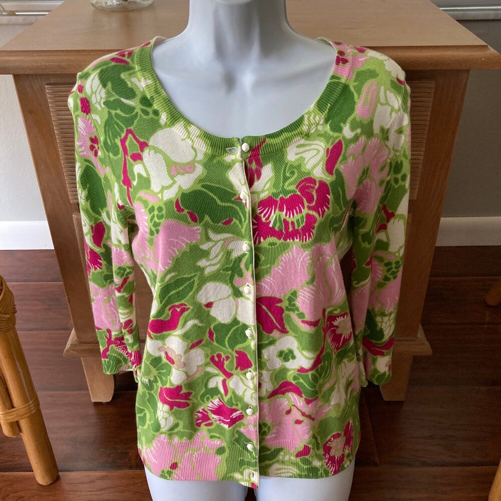 Talbot's Tropical 3/4 Sleeve Cardigan Sweater Petite Small